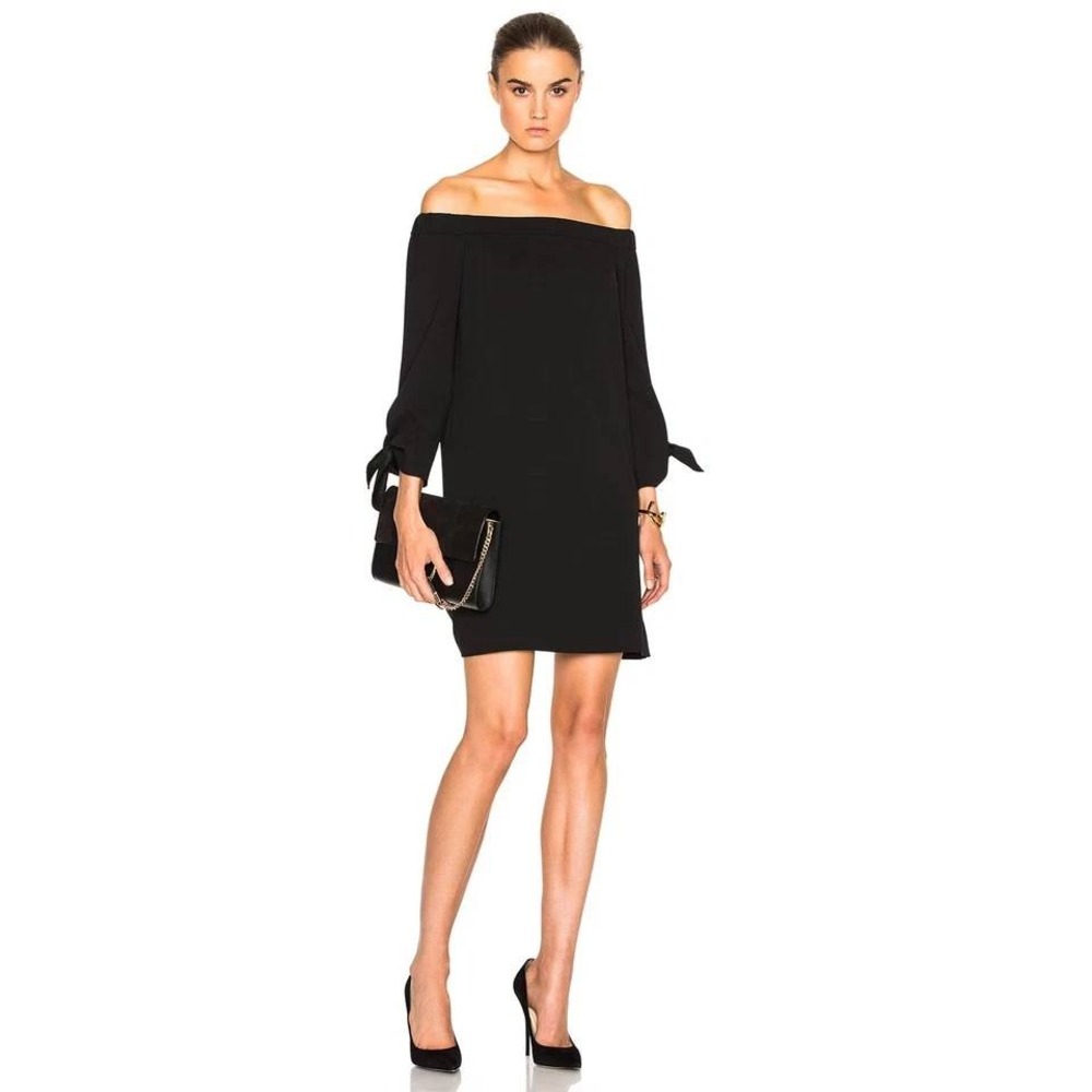 Tibi Dress Women 4 Black Off Shoulder Bell Sleeve Tie Shift Mini LBD Chic Luxury
